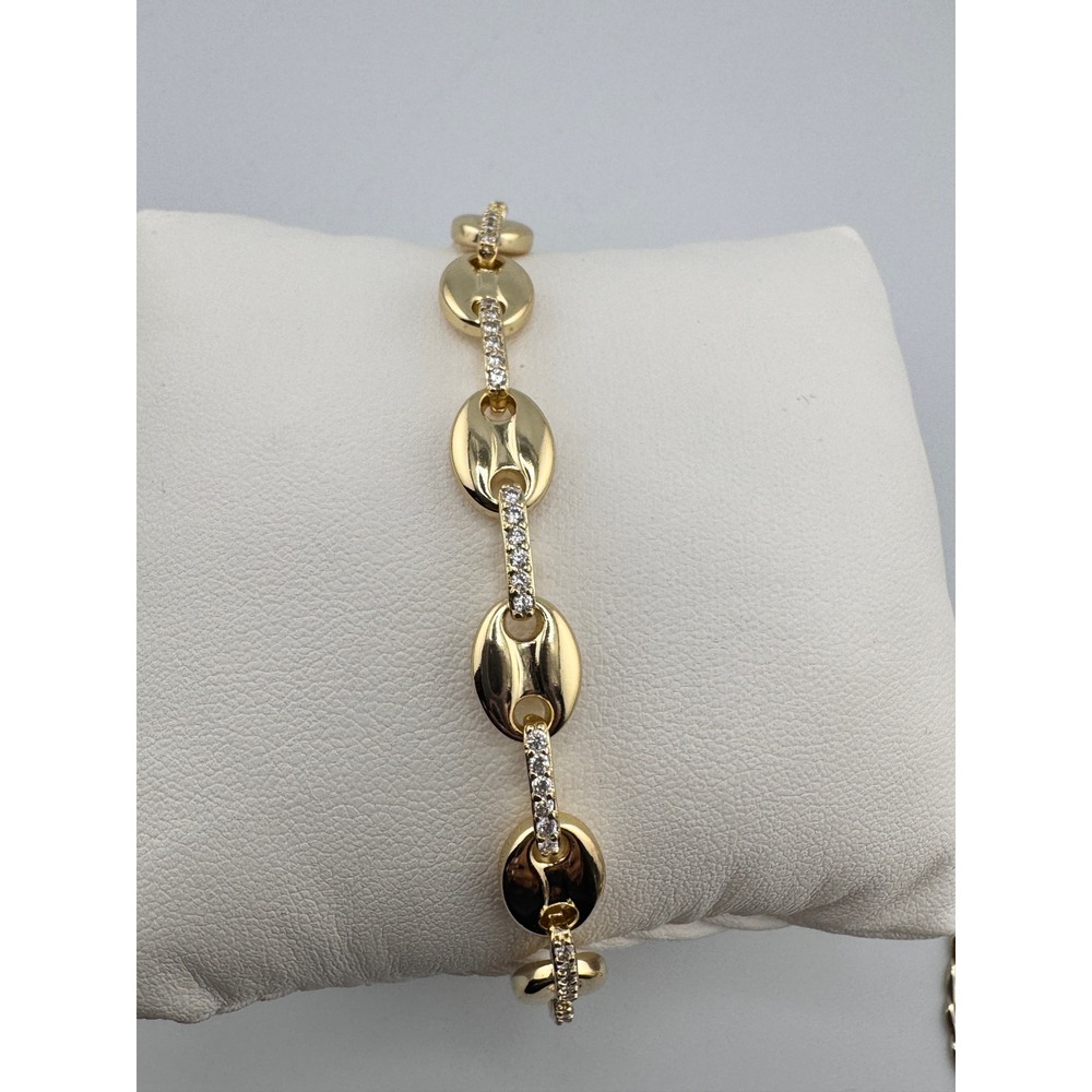 14k Gold‎ Plated Puffed Mariner Link Bracelet CZ Coffee Bean Adjustable Chain